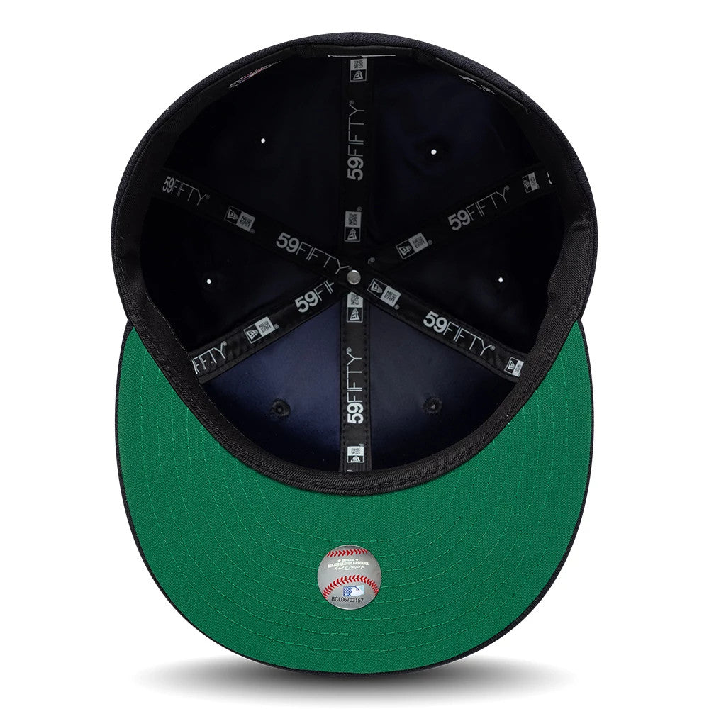 Boston Red Sox MLB Sidepatch Satin Lined Navy New Era 59FIFTY Fitted Cap, inside view showing a satin lining with 59FIFTY labelled taping, a green undervisor and a small baseball graphic sticker centred near the edge.