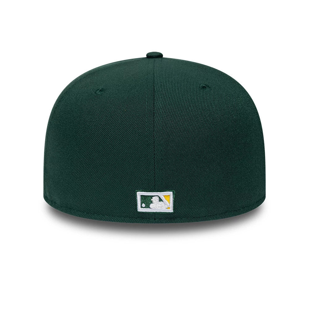 Athletics MLB Sidepatch Satin Lined Dark Green New Era 59FIFTY Fitted Cap, rear view showing the white embroidered MLB Batterman logo at the centre back, set low on the dark green structured crown with matching green eyelets and a top button.
