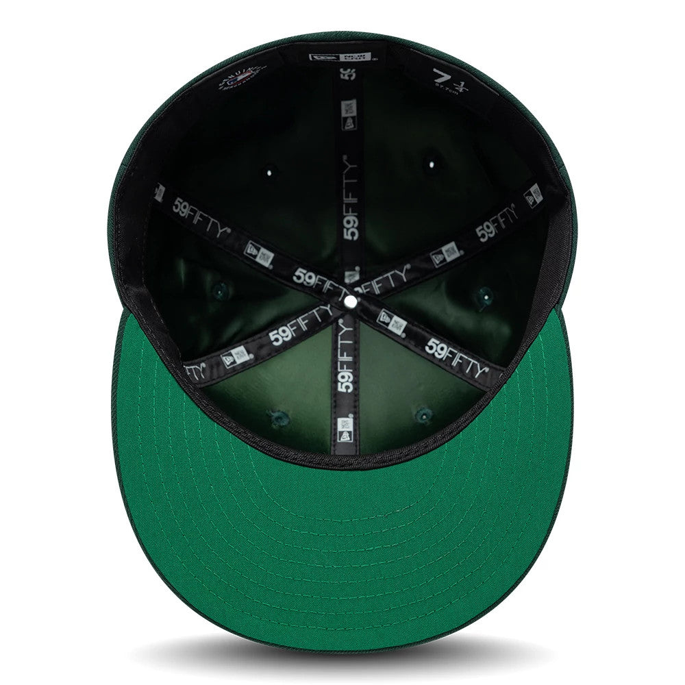 Athletics MLB Sidepatch Satin Lined Dark Green New Era 59FIFTY Fitted Cap, inside view showing the black and white 59FIFTY taping, dark green satin lining on the structured crown, and the dark green undervisor.