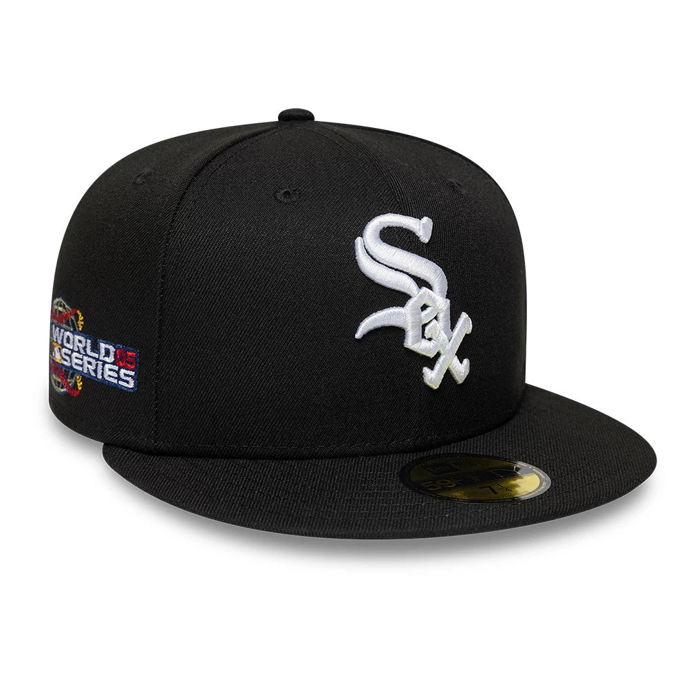 Chicago White Sox MLB Sidepatch Satin Lined Black New Era 59FIFTY Fitted Cap, three-quarter view showing the white embroidered Sox logo on the front panel, a colourful 2005 World Series side patch.