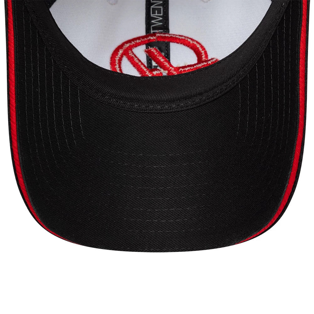 New Era TGR Haas F1 Womens Black Open Back Cap, inside view showing the red embroidered logo on the white sweatband, black undervisor with red trim detail, and black internal taping with white New Era branding.