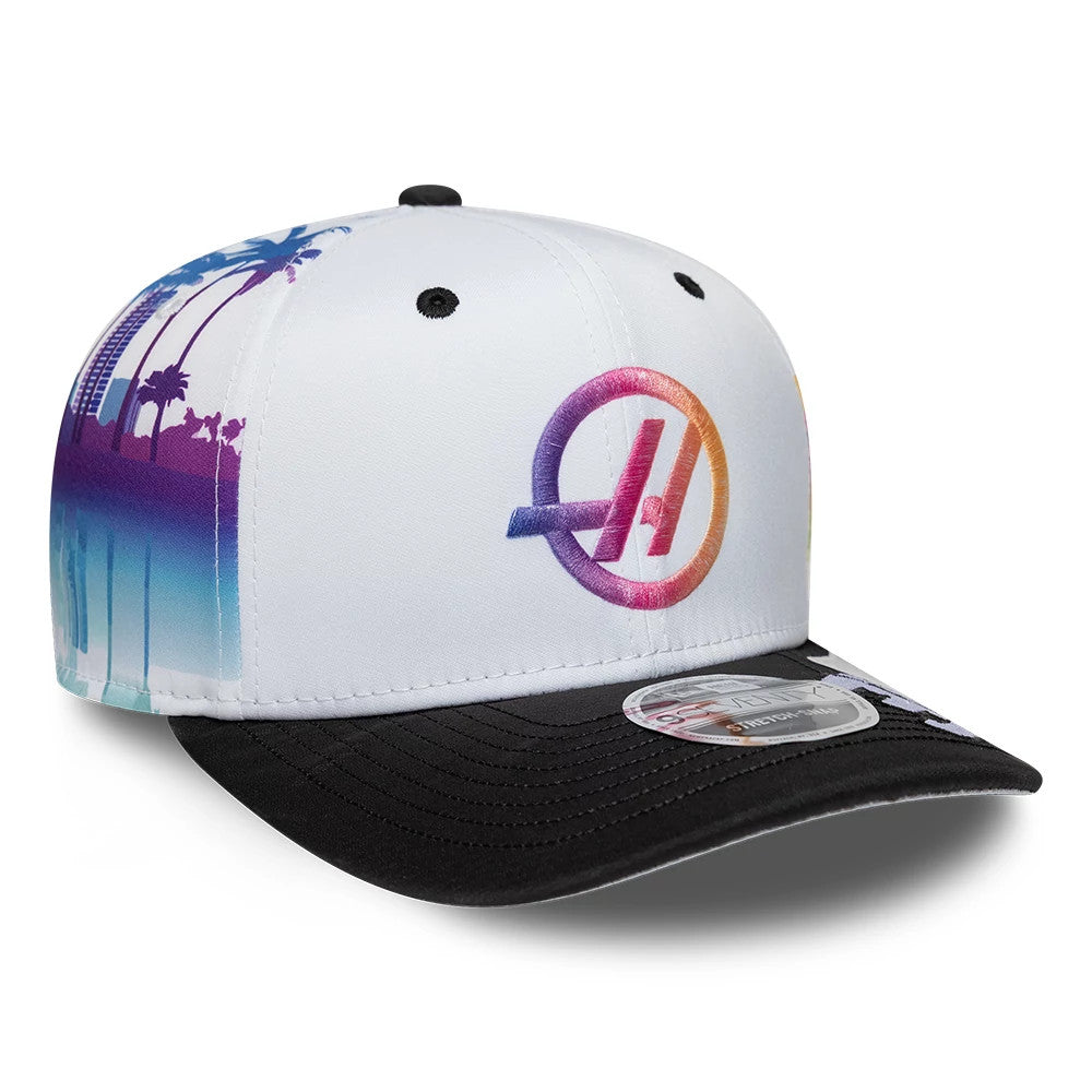 Pictured is this Esteban Ocon Miami Race Special TGR Haas F1 9SEVENTY Stretch Snap cap in white. 4