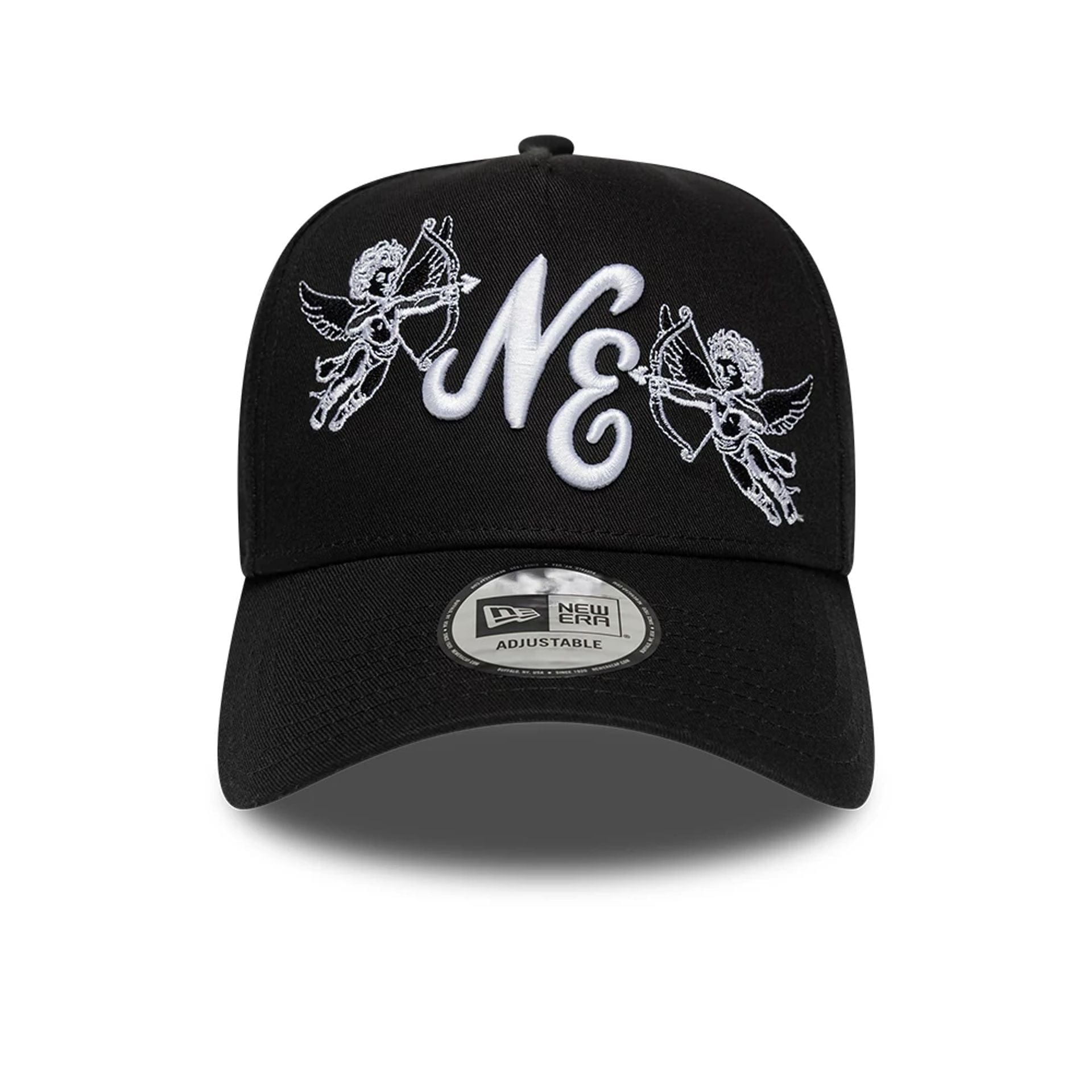 Pictured is this New Era Cherub 9FORTY A-Frame cap in black. 2