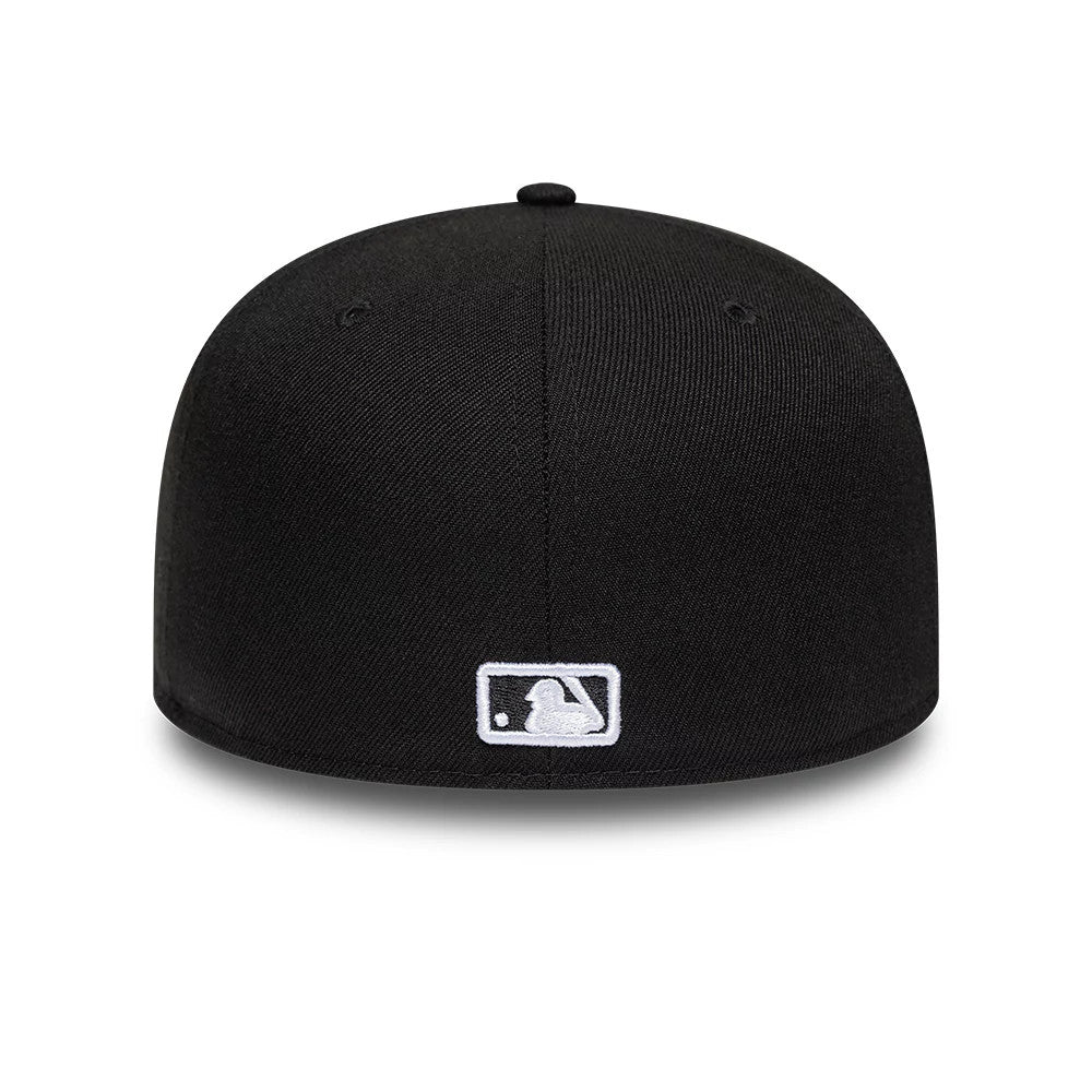 Chicago White Sox MLB Cherub Black New Era 59FIFTY Fitted Cap, rear view showing the white embroidered MLB Batterman logo centred at the back of the cap, set on a structured black crown with matching black eyelets and top button.