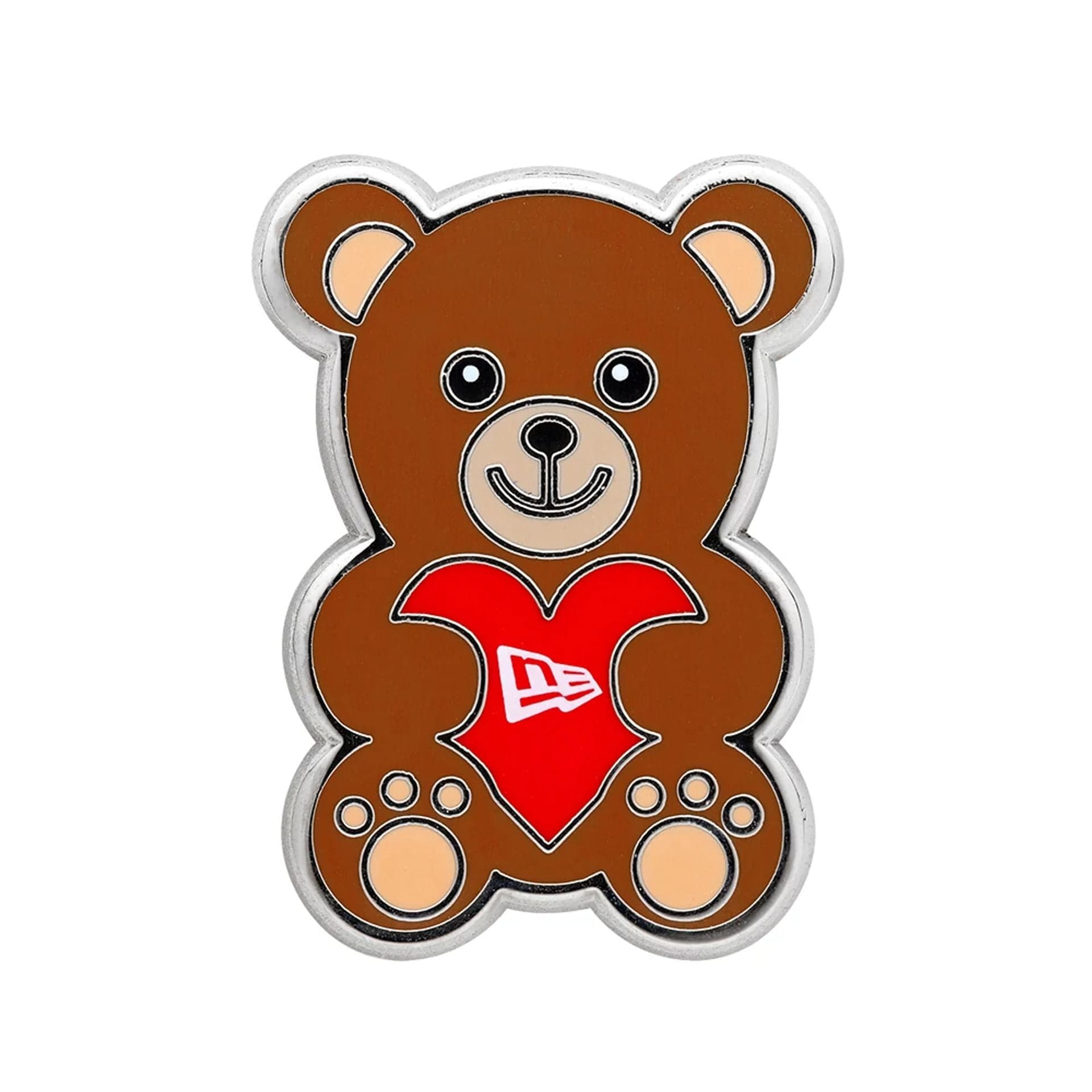 Pictured is this New Era Velentine Bear Pin Badge in Silver. 1