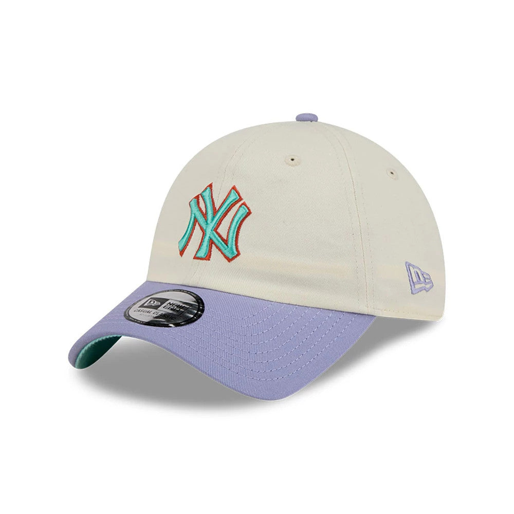 New Era New York Yankees MLB Lavender Flowers White Casual Classic Adjustable Cap, front view showing the red-outlined teal NY logo embroidered on the white front panel, a lavender curved visor with an adjustable strap, and a 9FORTY size sticker.