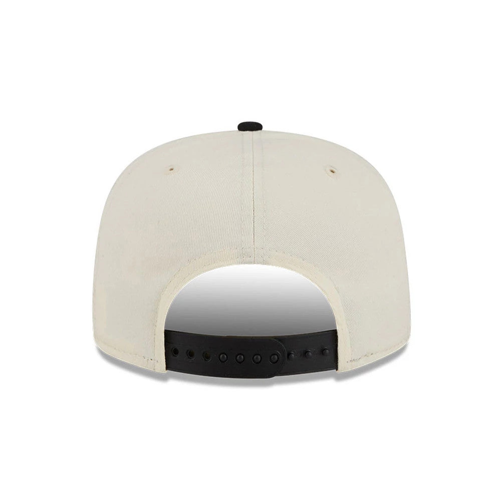 Chicago Bulls NBA Conference Script White New Era 19TWENTY Adjustable Cap, rear view showing the black adjustable strap at the back of the unstructured white crown with a black top button and matching white eyelets.