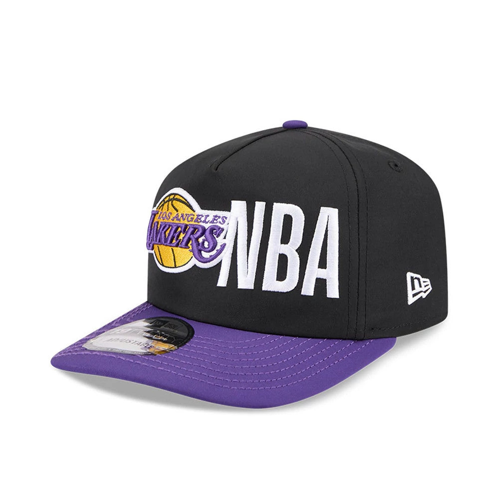 LA Lakers NBA Team Logo Black New Era 19TWENTY Adjustable Cap, three-quarter view showing the prominent yellow and purple Lakers logo with large white NBA letters on the front, a purple visor and the New Era flag logo on the left side.