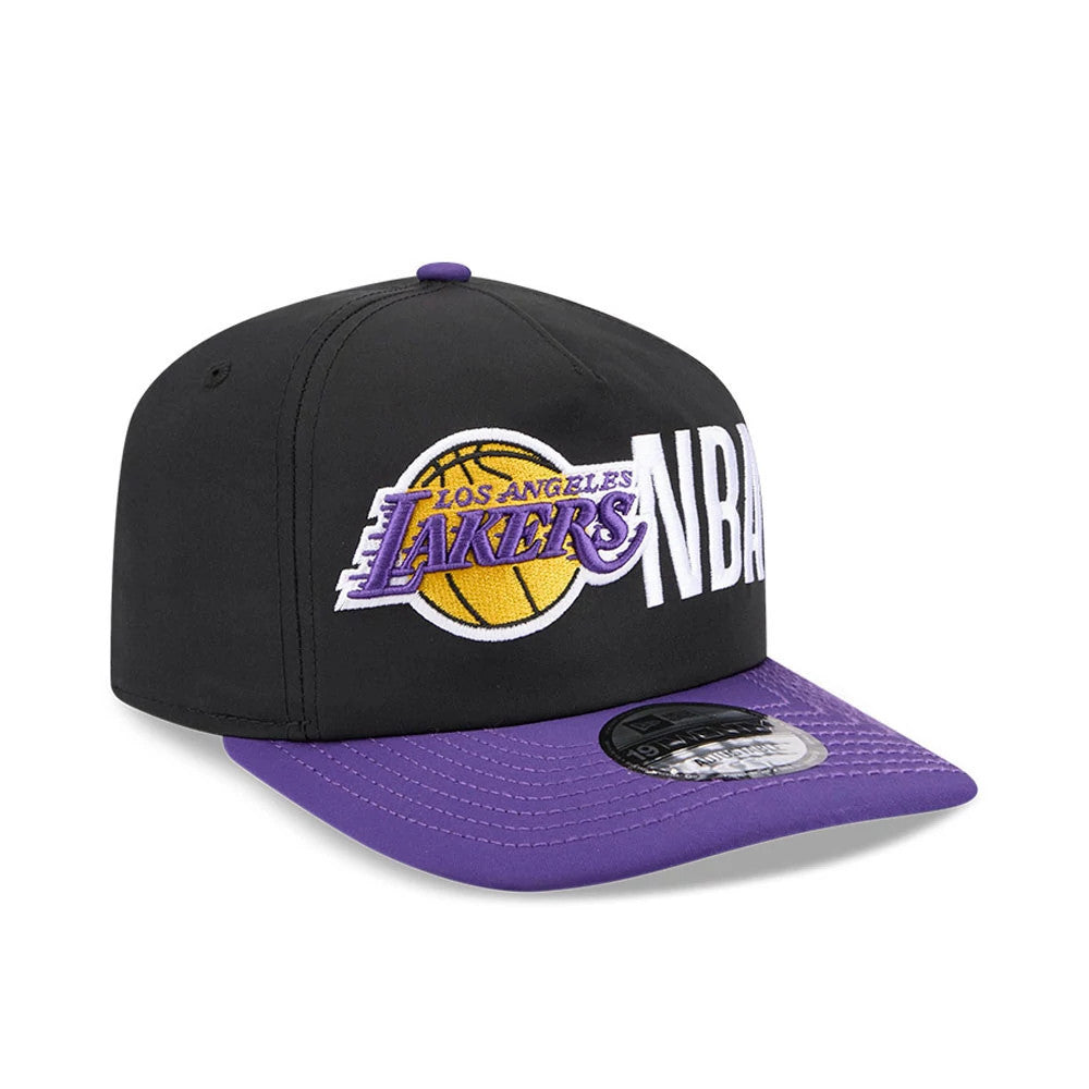 LA Lakers NBA Team Logo Black New Era 19TWENTY Adjustable Cap, front view showing the raised purple and gold Lakers logo embroidered on the front panel, paired with a contrasting purple visor and black 19TWENTY size sticker.