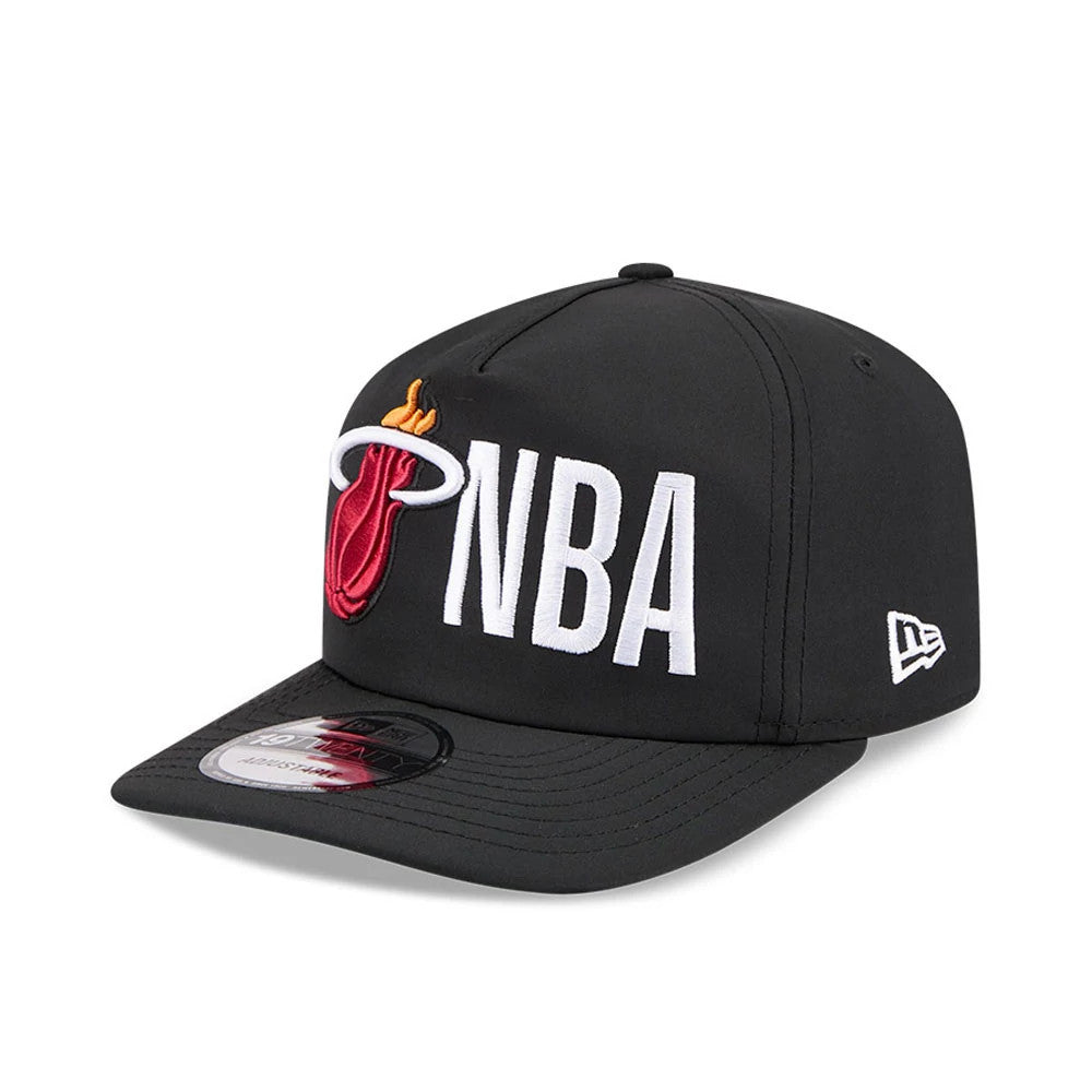 Miami Heat NBA Team Logo Black New Era 19TWENTY Adjustable Cap, front view showing the raised red and yellow team logo embroidered on the black front panel, with white NBA lettering, and a 19TWENTY size sticker on the black visor.