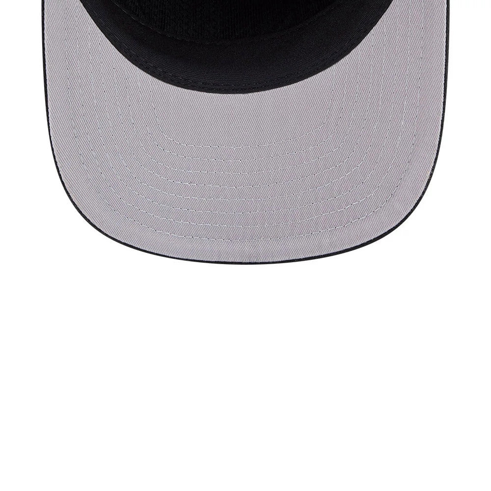 Space Jam Warner Brothers Space Jam Monstars Black New Era 19TWENTY Adjustable Cap, underside view showing a grey undervisor with detailed stitching lines and a black curved edge beneath the solid black structured crown.