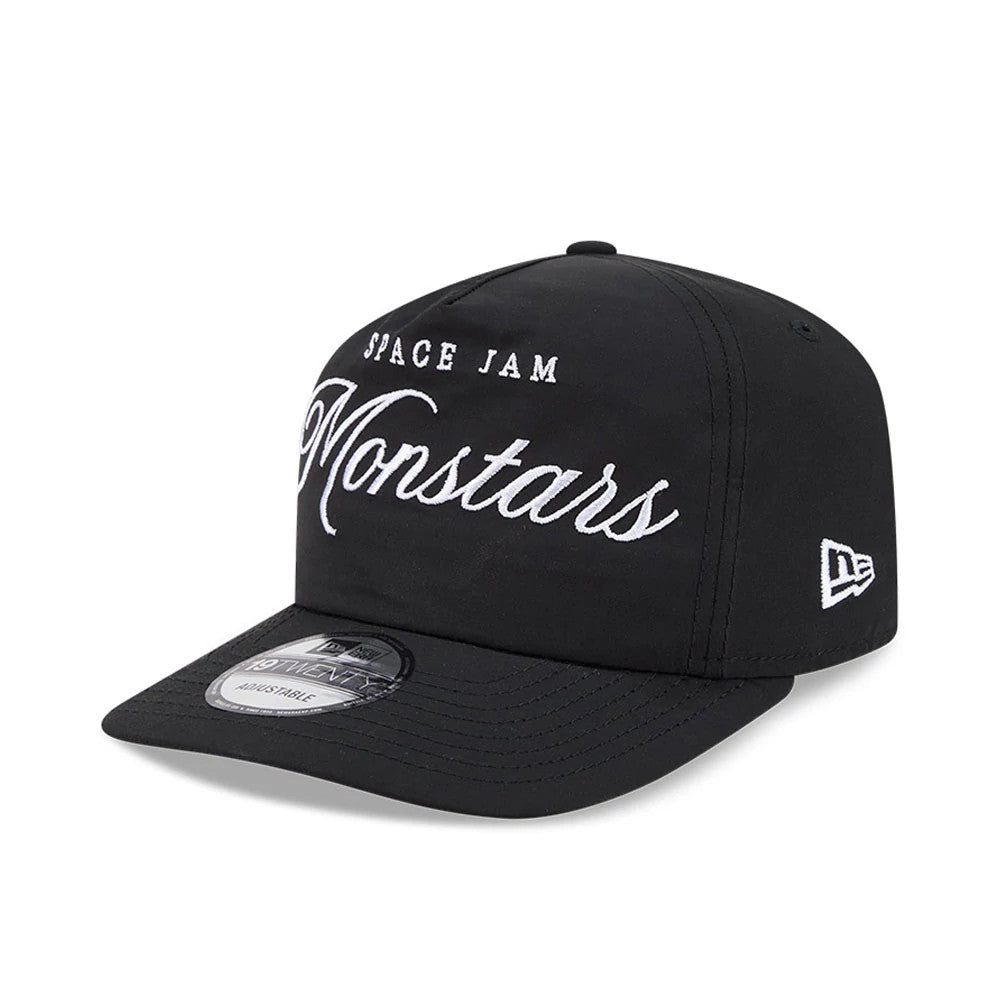 Space Jam Monstars Black New Era 19TWENTY Adjustable Cap, front view showing the white embroidered Space Jam Monstars lettering across the black crown, curved black visor with the 19TWENTY size sticker, and New Era flag logo on the left side.