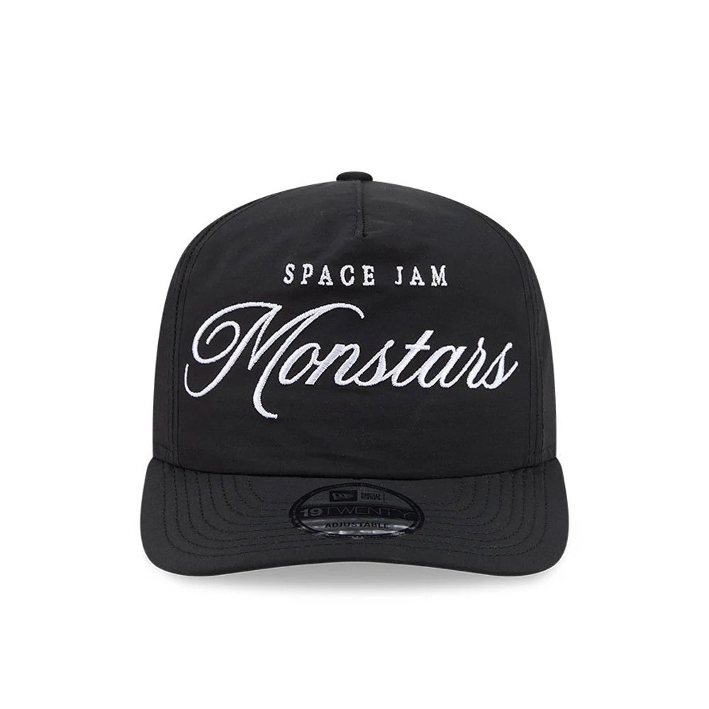Space Jam Monstars Black New Era 19TWENTY Adjustable Cap, front view showing the white embroidered Space Jam Monstars script on the black structured crown, curved black visor, and 19TWENTY size sticker on the visor.