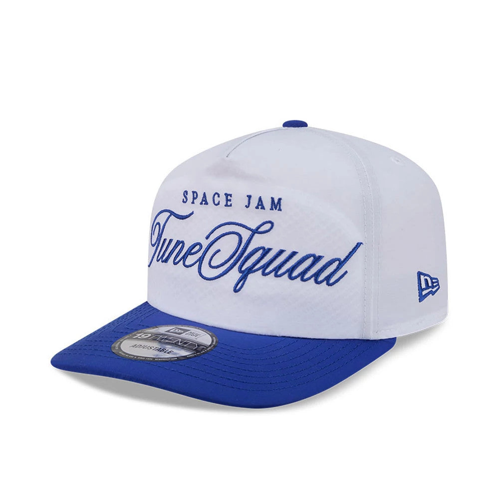 Space Jam Tune Squad White New Era 19TWENTY Adjustable Cap, front view showing the blue Tune Squad script with Space Jam above it on the white front panels, blue flat visor with a 19TWENTY size sticker, and New Era flag logo on the left side.