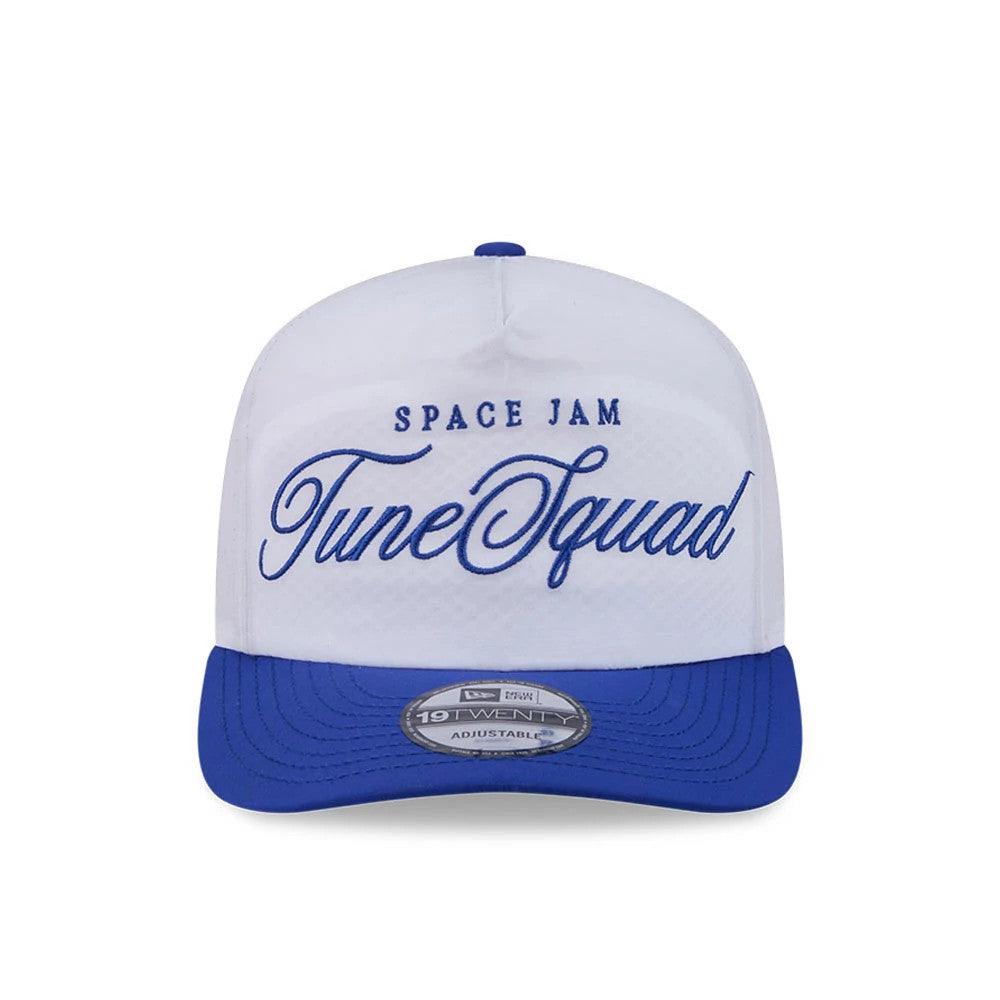 Space Jam Tune Squad White New Era 19TWENTY Adjustable Cap, front view showing blue embroidered Tune Squad script across the white front panels, with a contrasting blue visor and a 19TWENTY size sticker on the flat visor.