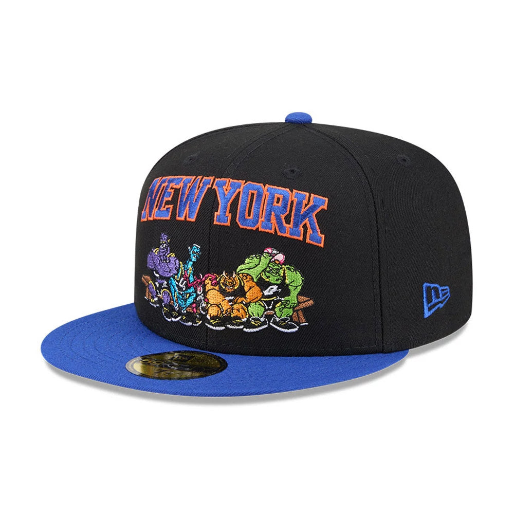New York Knicks Space Jam Monstars Black New Era 59FIFTY Fitted Cap, three-quarter view showing a colourful embroidered Monstars team graphic on the front panels, orange and blue outlined 'New York' lettering above.