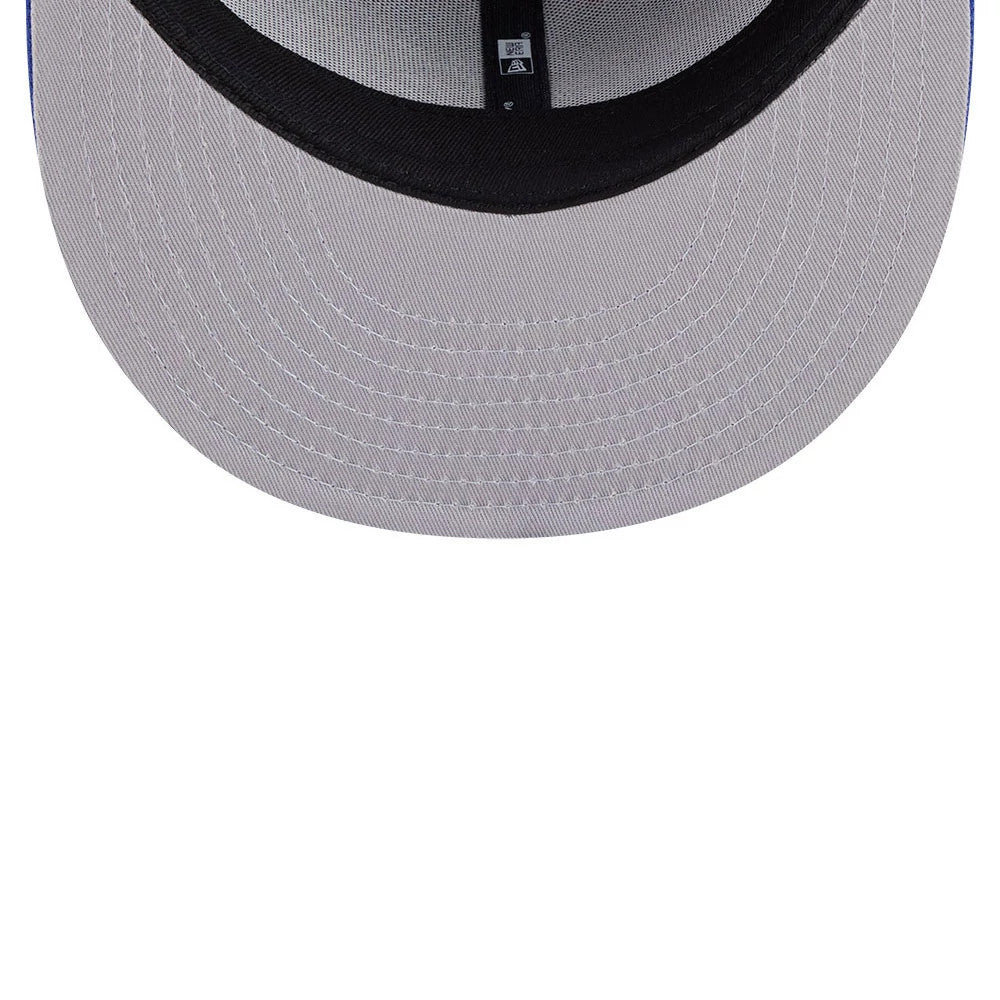 New York Knicks Space Jam Monstars Black New Era 59FIFTY Fitted Cap, inside view showing the grey undervisor with detailed stitching, black inner taping, and a black sweatband, creating a clean and sophisticated internal finish.
