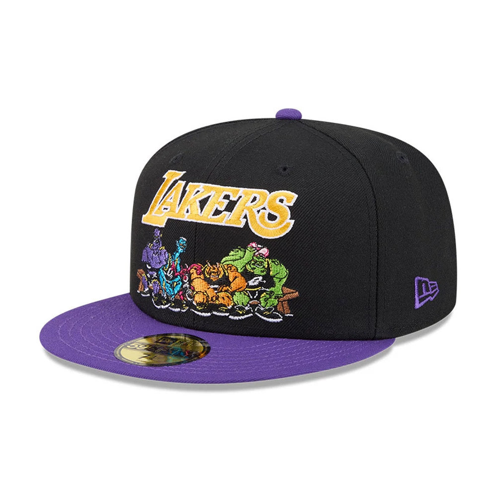 LA Lakers Space Jam Monstars Black New Era 59FIFTY Fitted Cap, three-quarter view showing the embroidered Lakers logo and Monstars characters on the front panel, with a contrasting purple visor and a purple New Era flag logo on the left side.