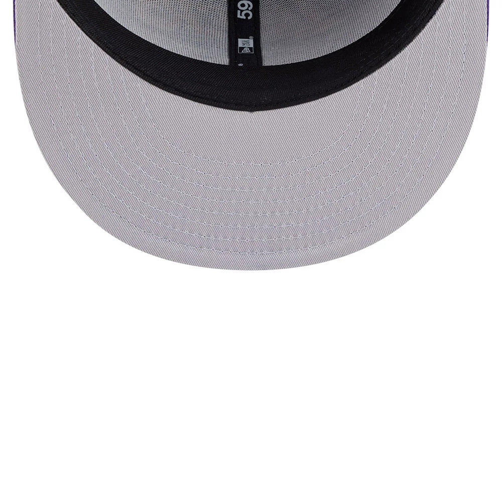 LA Lakers Space Jam Monstars Black New Era 59FIFTY Fitted Cap, inside view showing the light grey undervisor contrasted with a black sweatband, and featuring 59FIFTY branded taping along the interior panels.