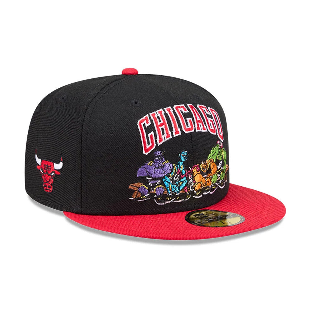 Chicago Bulls Space Jam Monstars Black New Era 59FIFTY Fitted Cap, front view showing the red embroidered Chicago text above colourful Monstars graphics on the structured black crown, with a colour-matched red visor and gold 59FIFTY size sticker.