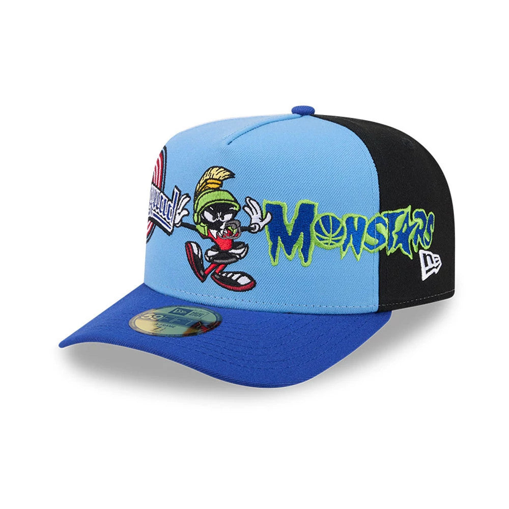 Space Jam Referee Blue New Era 59FIFTY A-Frame Fitted Cap, front view showing brightly coloured Looney Tunes embroidery with Marvin the Martian and Monstars text on the blue front panel, black rear panels.