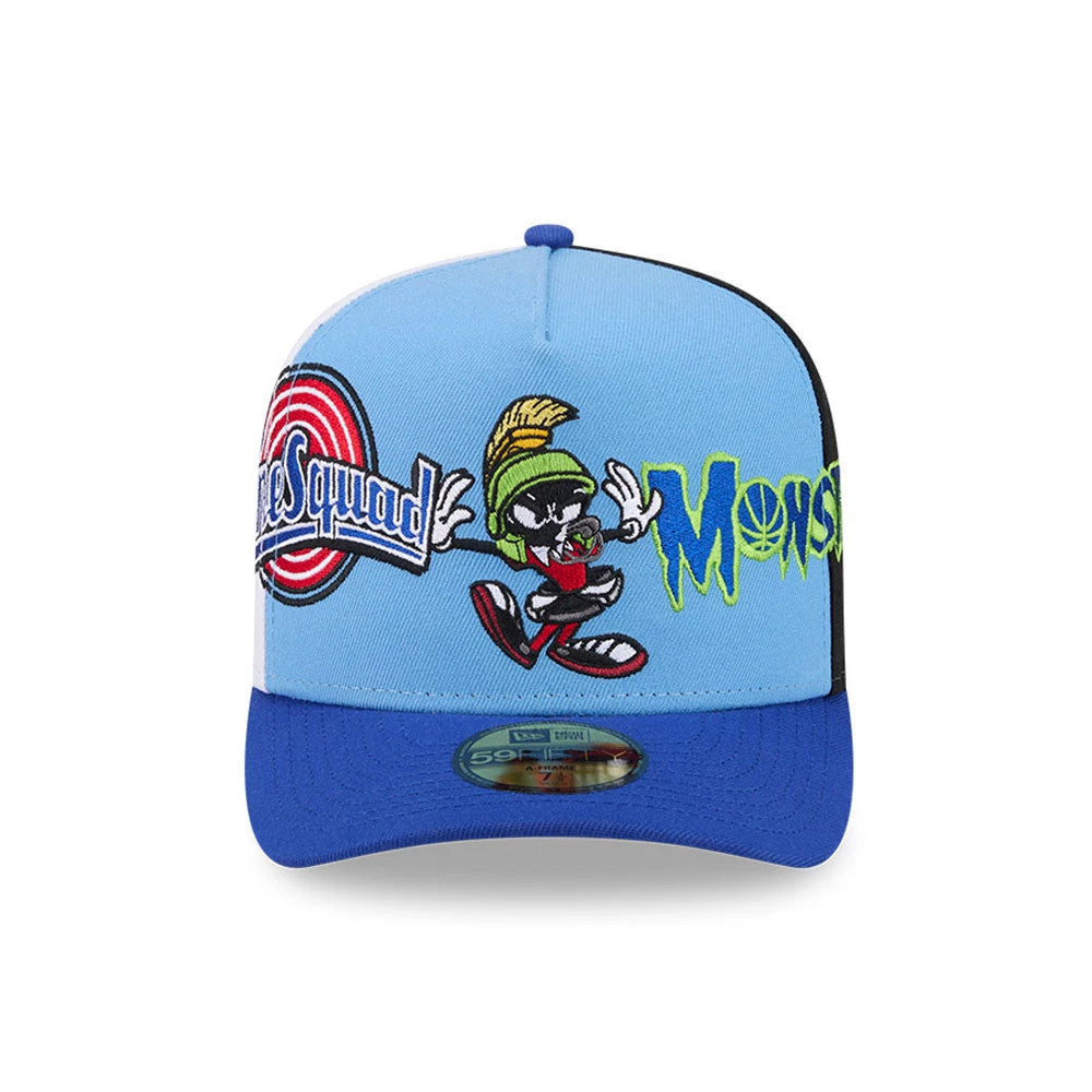 Space Jam Referee Blue New Era 59FIFTY A-Frame Fitted Cap, front view showing the embroidered Looney Tunes character and Monstars and Tune Squad logos on the light blue crown, with a contrasting blue flat visor and a 59FIFTY size sticker.
