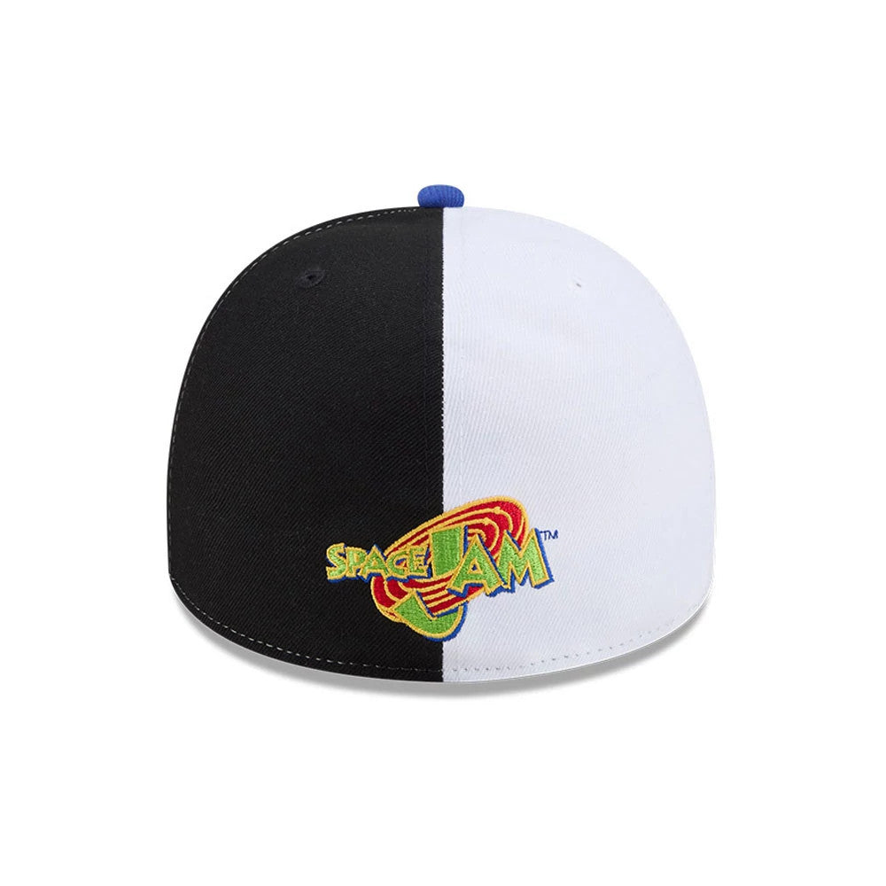 Space Jam Referee Blue New Era 59FIFTY A-Frame Fitted Cap, rear view showing the embroidered Space Jam logo in yellow, red, and green on a half black and half white crown, with a blue top button accentuating the design.