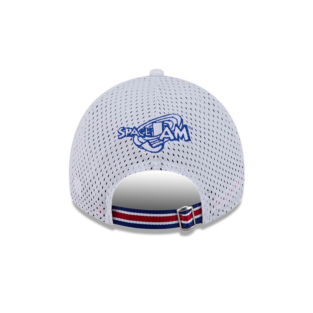 Space Jam Tune Squad White New Era 9TWENTY A-Frame Adjustable Cap, rear view showing the blue embroidered Space Jam logo centred on a white mesh crown, with a tricolour adjustable strap and buckle at the opening.