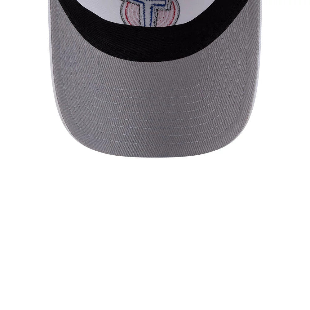 Space Jam Tune Squad White New Era 9TWENTY A-Frame Adjustable Cap, front view showing a grey curved visor, with a black sweatband along its underside, and a view of the red and blue embroidered logo on the front panel.
