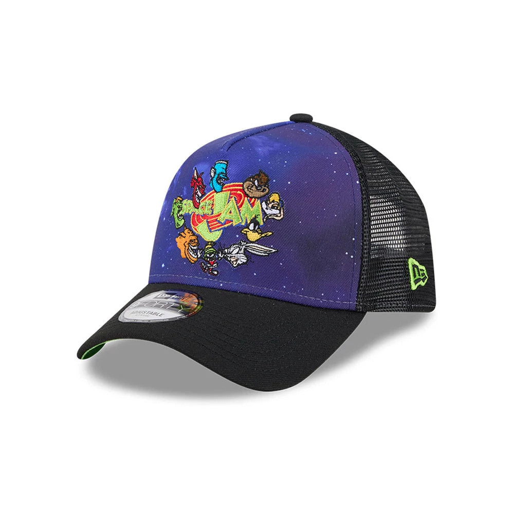 Space Jam Rivalry Black New Era 9FORTY A-Frame Trucker Adjustable Cap, three-quarter view showing the character embroidery on the blue front panel, the black mesh side panels with a green New Era flag logo.