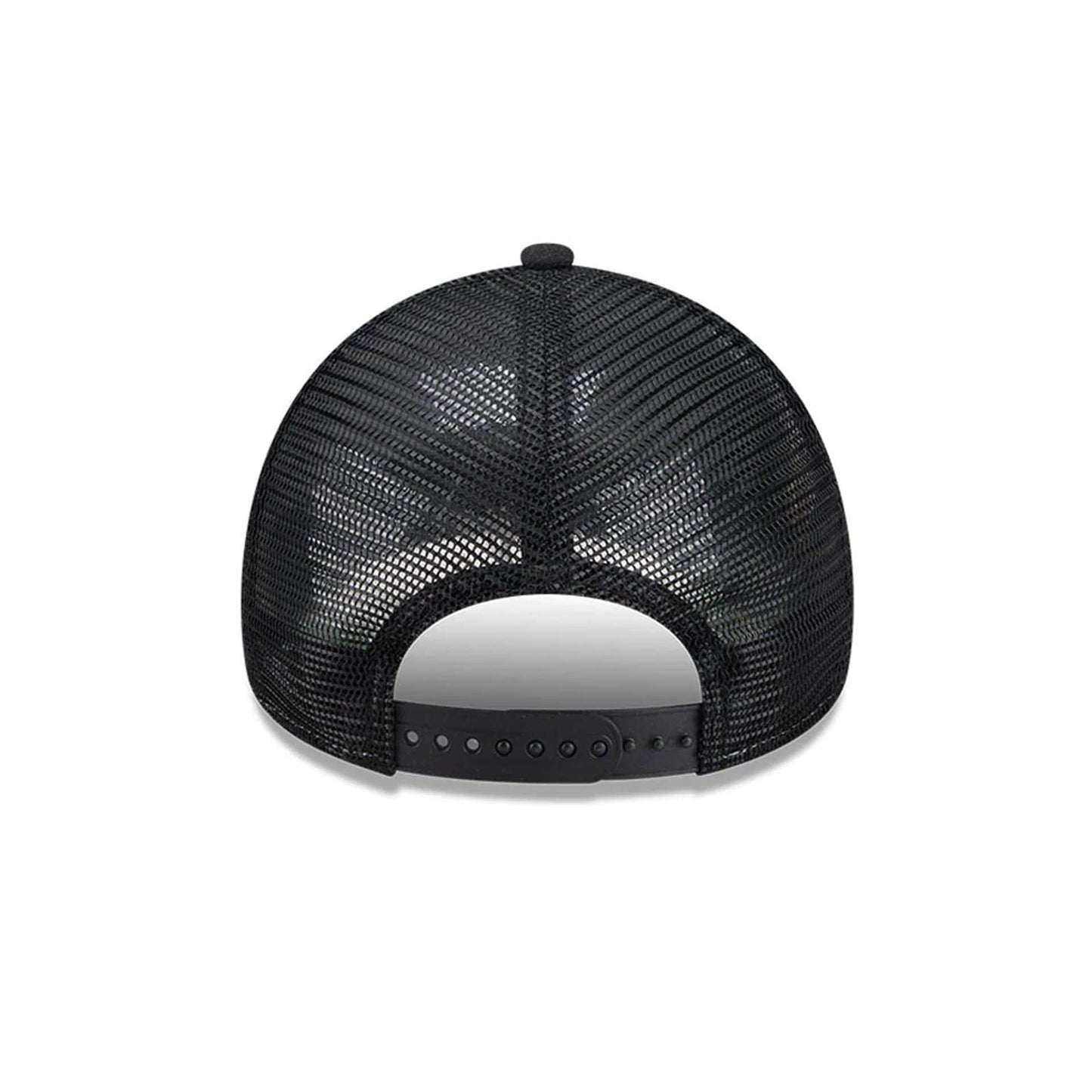 Space Jam Rivalry Black New Era 9FORTY A-Frame Trucker Adjustable Cap, rear view showing a mesh back panel and a black adjustable snap closure, highlighting the classic trucker silhouette with a curved shape and structured fit.