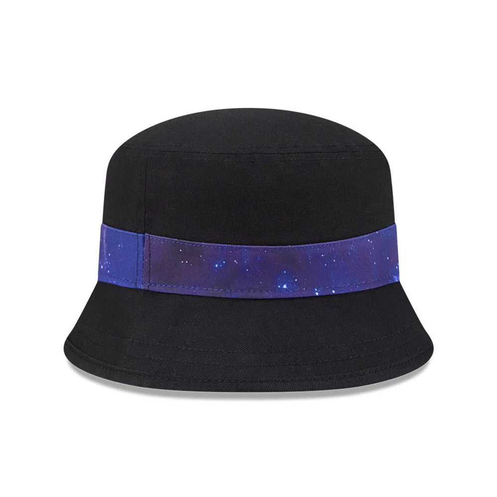New Era Space Jam Bugs Bunny Black Bucket Hat, front view showing a black crown with a wide, blue galaxy-patterned band encircling it and a curved visor offering a classic bucket hat profile.