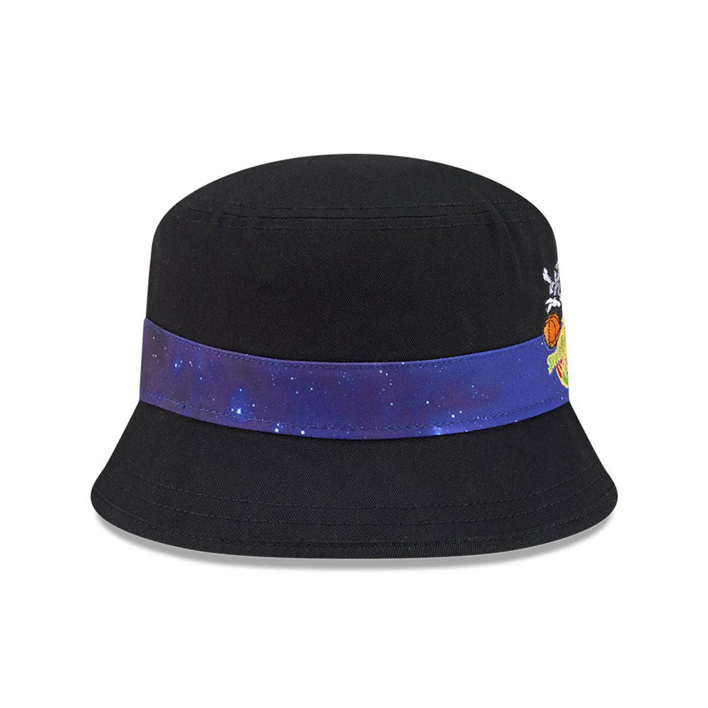 New Era Space Jam Bugs Bunny Black Bucket Hat, three-quarter view showing the embroidered Bugs Bunny graphic partially on the right, with a galactic themed band encircling the crown and a wide black downward-sloping visor.