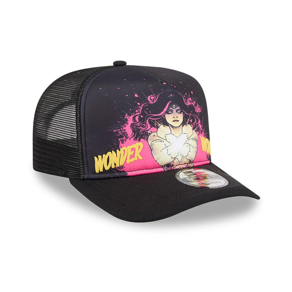 Womens DC Wonder Woman Black New Era 9FIFTY A-Frame Snapback Adjustable Cap, front view showing a pink and black graphic of Wonder Woman on the structured front panel, with Wonder lettering and a 9FIFTY size sticker on the black visor.