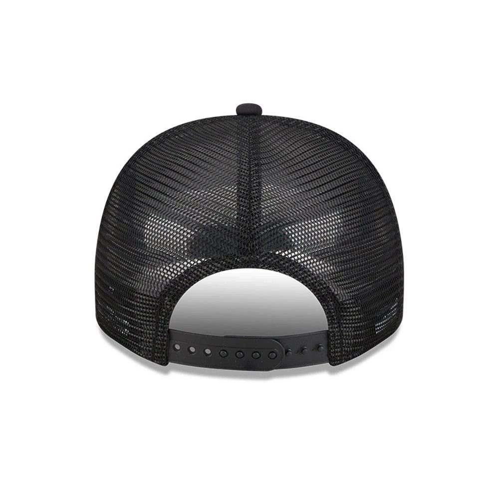 Womens DC Wonder Woman Black New Era 9FIFTY A-Frame Snapback Adjustable Cap, rear view showing a semi-transparent black mesh crown with an adjustable black plastic strap and a small top button, creating a and structured look.