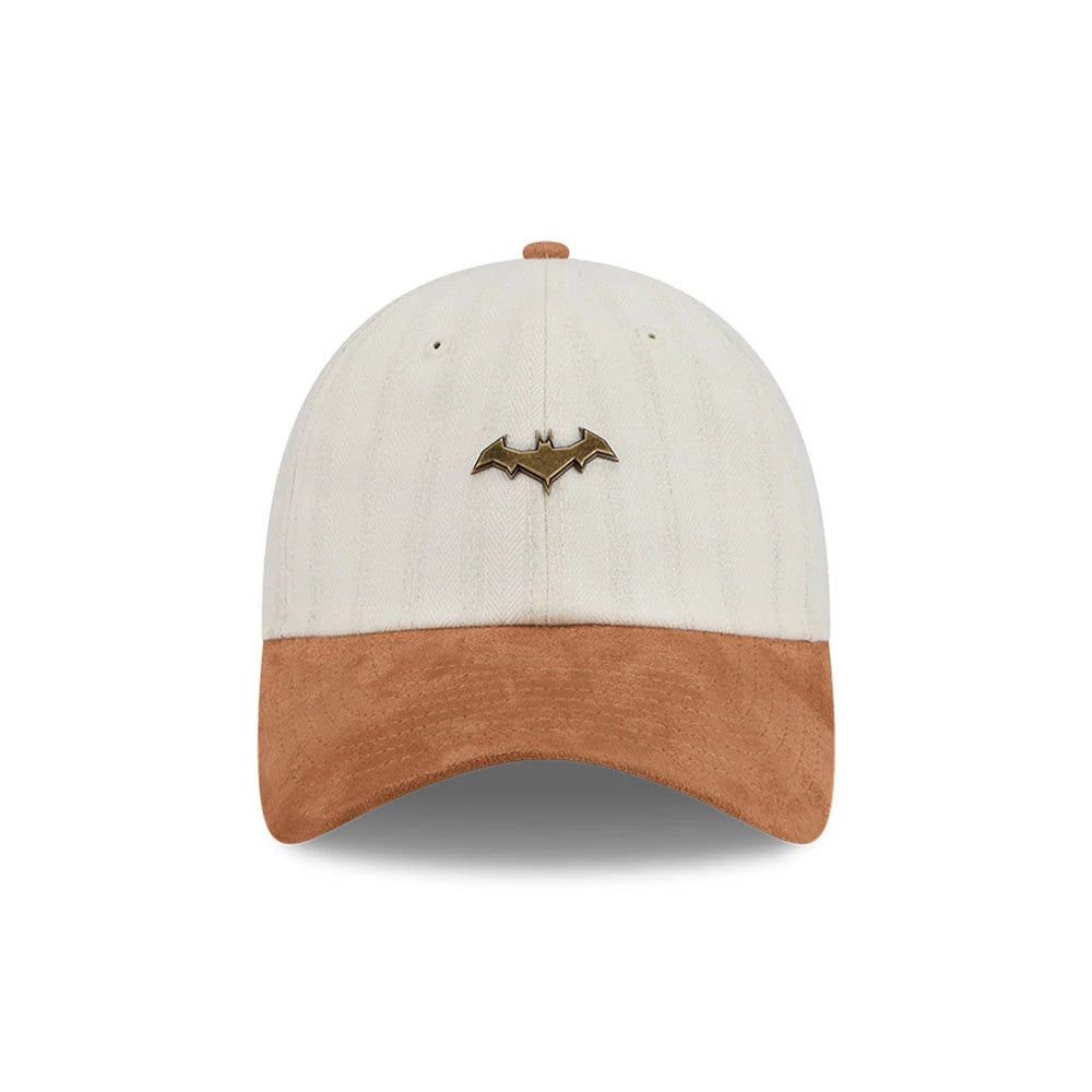 Womens DC Batgirl White New Era Casual Classic Adjustable Cap, front view showing a Batgirl logo in raised embroidery on the white crown, with a contrasting tan curved visor and a matching top button.