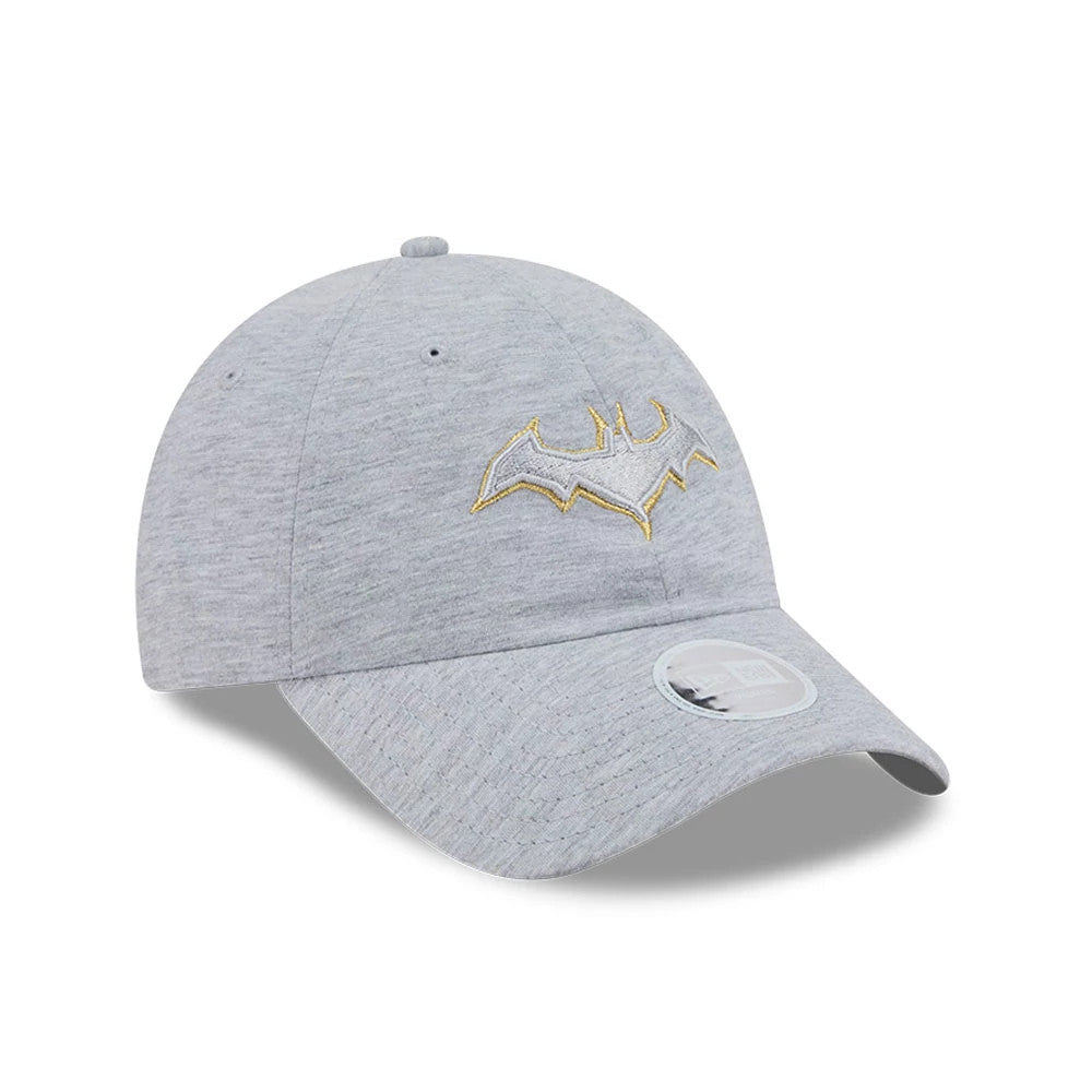 New Era Womens DC Batgirl Grey Open Back Cap, front view showing a grey heather curved visor, a raised gold and grey embroidered Batgirl logo on the front panel, and a 9FORTY size sticker on the visor.