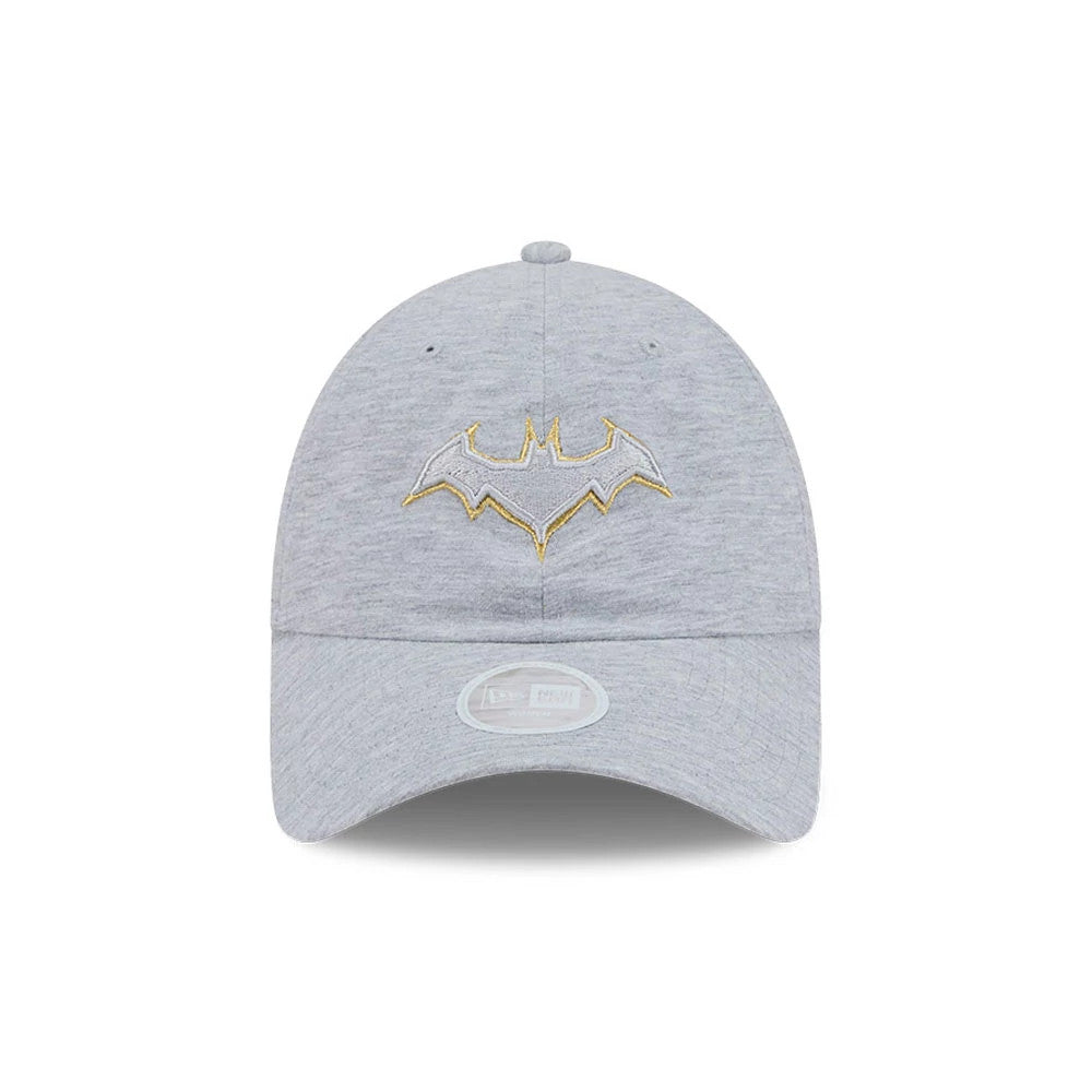 New Era Womens DC Batgirl Grey Open Back Cap, front view showing the gold and grey embroidered Batgirl logo on the light grey crown, with a curved grey visor and a 9FORTY size sticker on the centre of the visor.