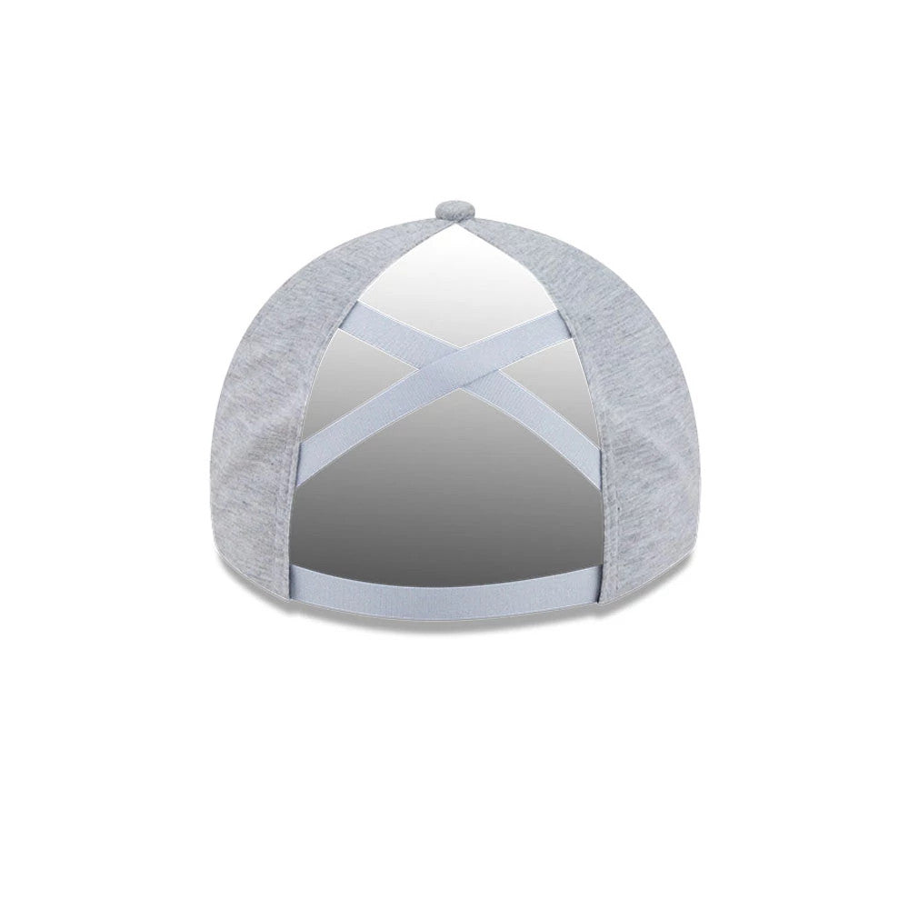 New Era Womens DC Batgirl Grey Open Back Cap, rear view showing the open-back design with intersecting grey elastic straps, a heather grey structured crown, and the top button matching the fabric colour.