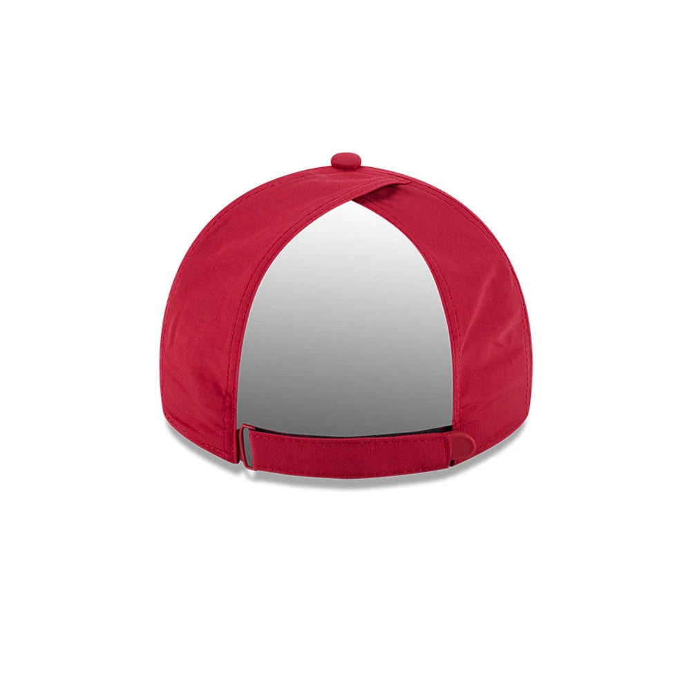 New Era Womens DC Wonder Woman Dark Red Open Back Cap, rear view showing the open back design with an adjustable strap for a custom fit, a matching red top button, and finished stitching on a structured dark red crown.