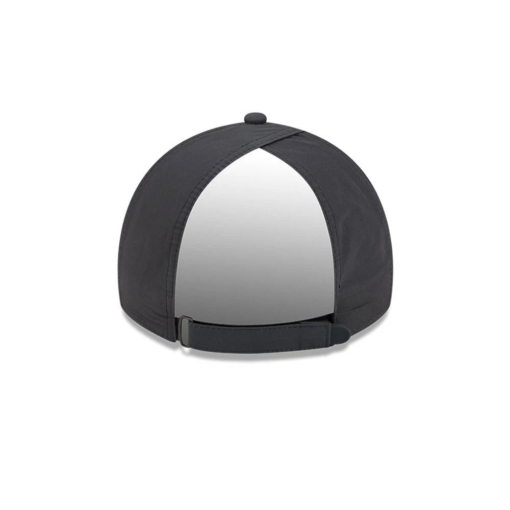 New Era Womens DC Batgirl Charcoal Open Back Cap, rear view showing the open back design and adjustable strap for a custom fit, with a small top button and charcoal panels forming the structured crown.