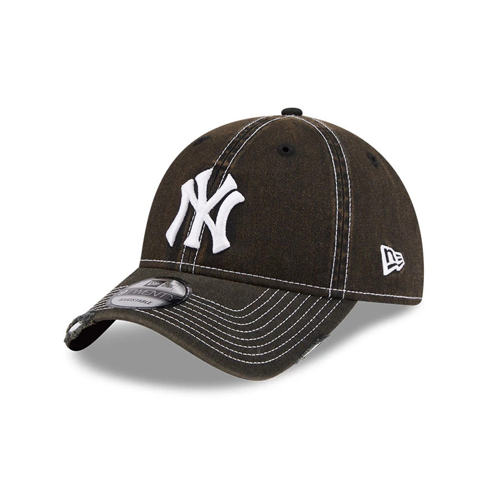 New York Yankees MLB Stencil Distressed Black New Era 9TWENTY Adjustable Cap, three-quarter view showing the white raised embroidered NY logo on the front panel, distressed curved visor with a 9TWENTY size sticker.