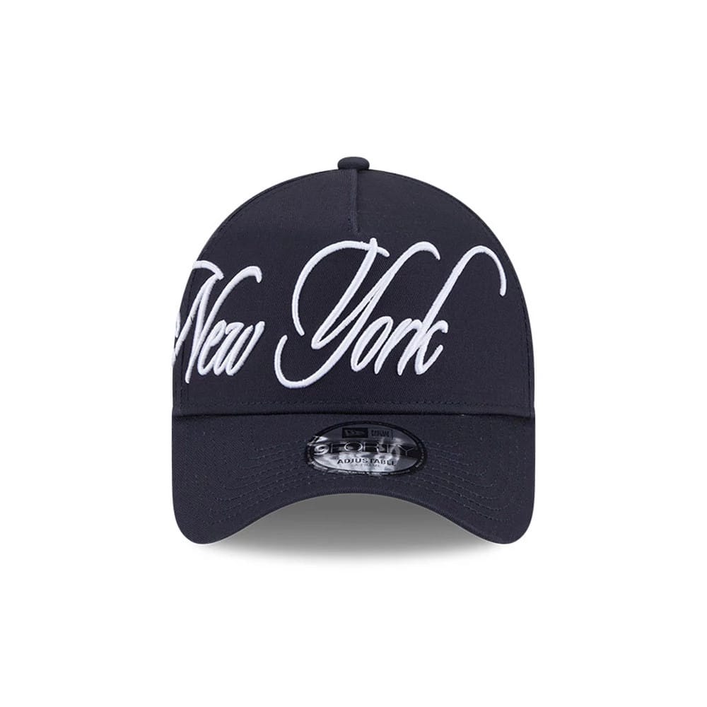 Pictured is this MLB Calligraphy New York Yankees 9FORTY A-Frame cap in navy. 3