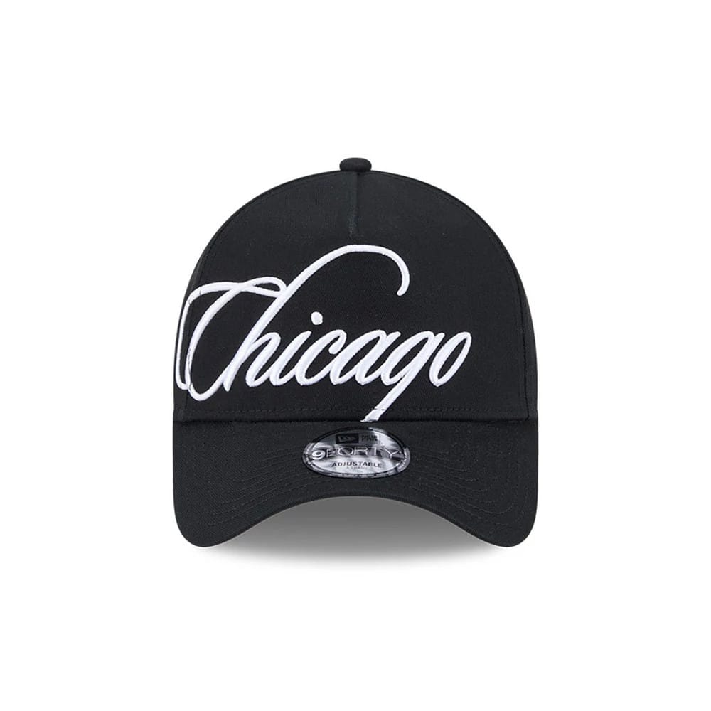 Pictured is this MLB Calligraphy Chicago White Sox 9FORTY A-Frame cap in black. 3