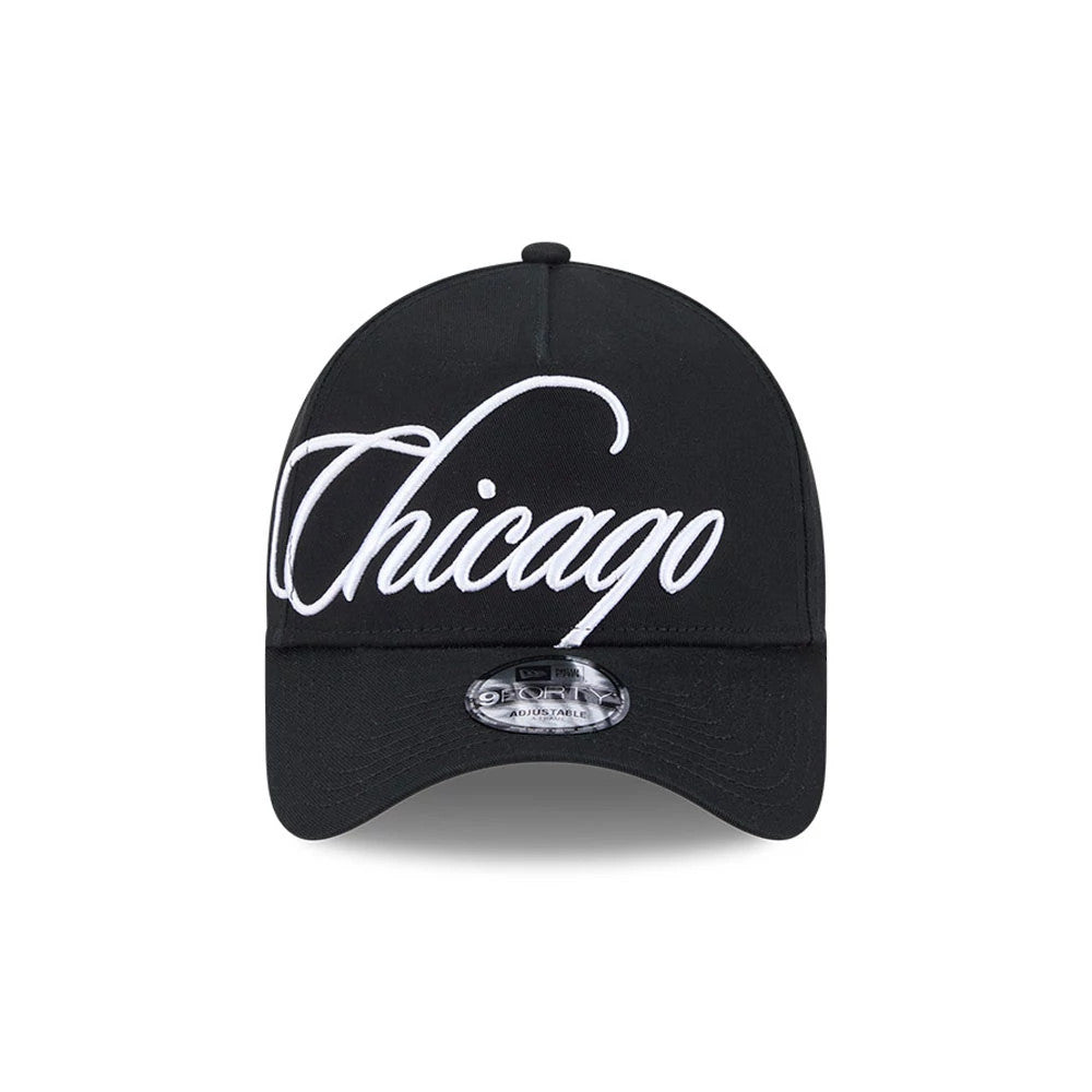 Chicago White Sox MLB Calligraphy Black New Era 9FORTY A-Frame Adjustable Cap, front view showing large white embroidered Chicago script on the black front panel, curved black visor with 9FORTY size sticker, and a classic black top button.