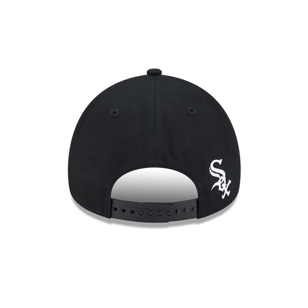 Chicago White Sox MLB Calligraphy Black New Era 9FORTY A-Frame Adjustable Cap, rear view showing the embroidered white Sox logo on the right back panel, with an adjustable black plastic strap and two eyelets on the structured black crown.
