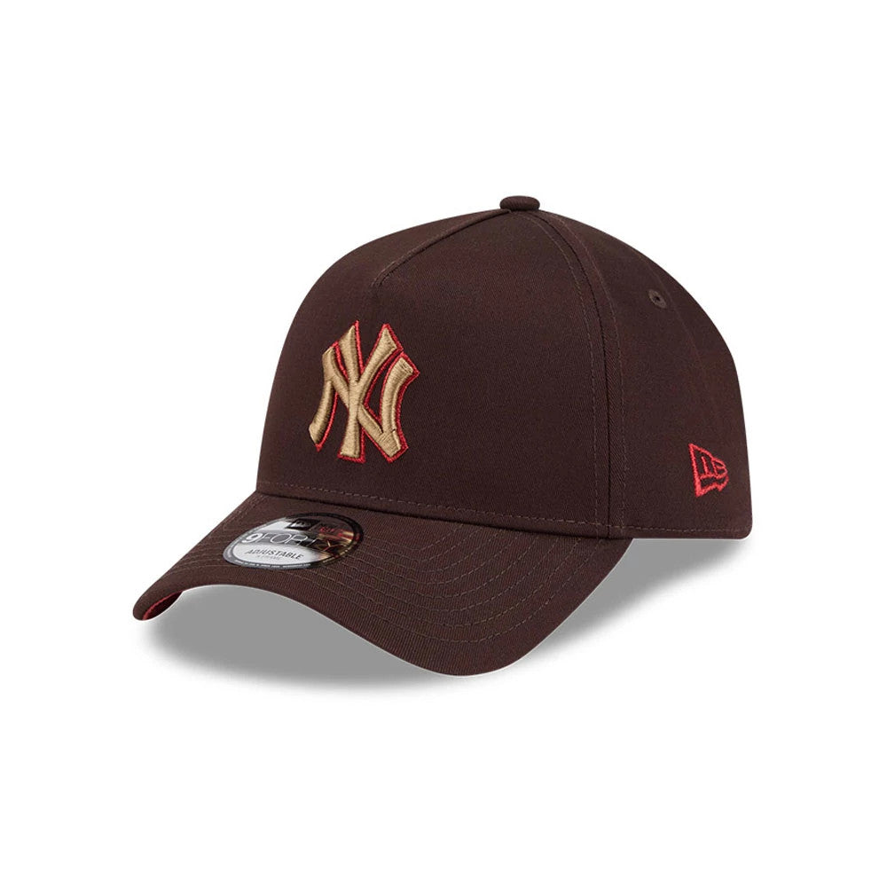 Pictured is this MLB Choc Cherry New York Yankees 9FORTY A-Frame cap in dark brown. 1