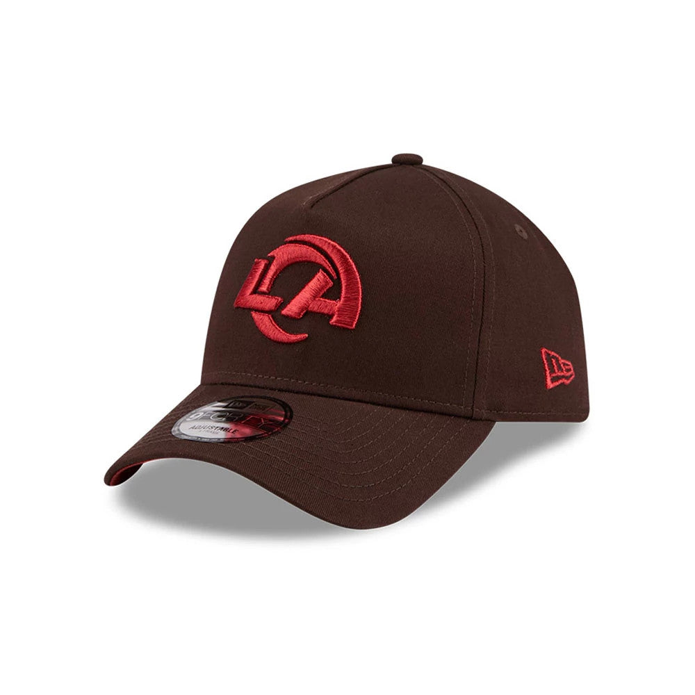 LA Rams NFL Choc Cherry Dark Brown New Era 9FORTY A-Frame Adjustable Cap, three-quarter view showing the red embroidered LA logo on the structured dark brown crown, curved visor with a 9FORTY size sticker.