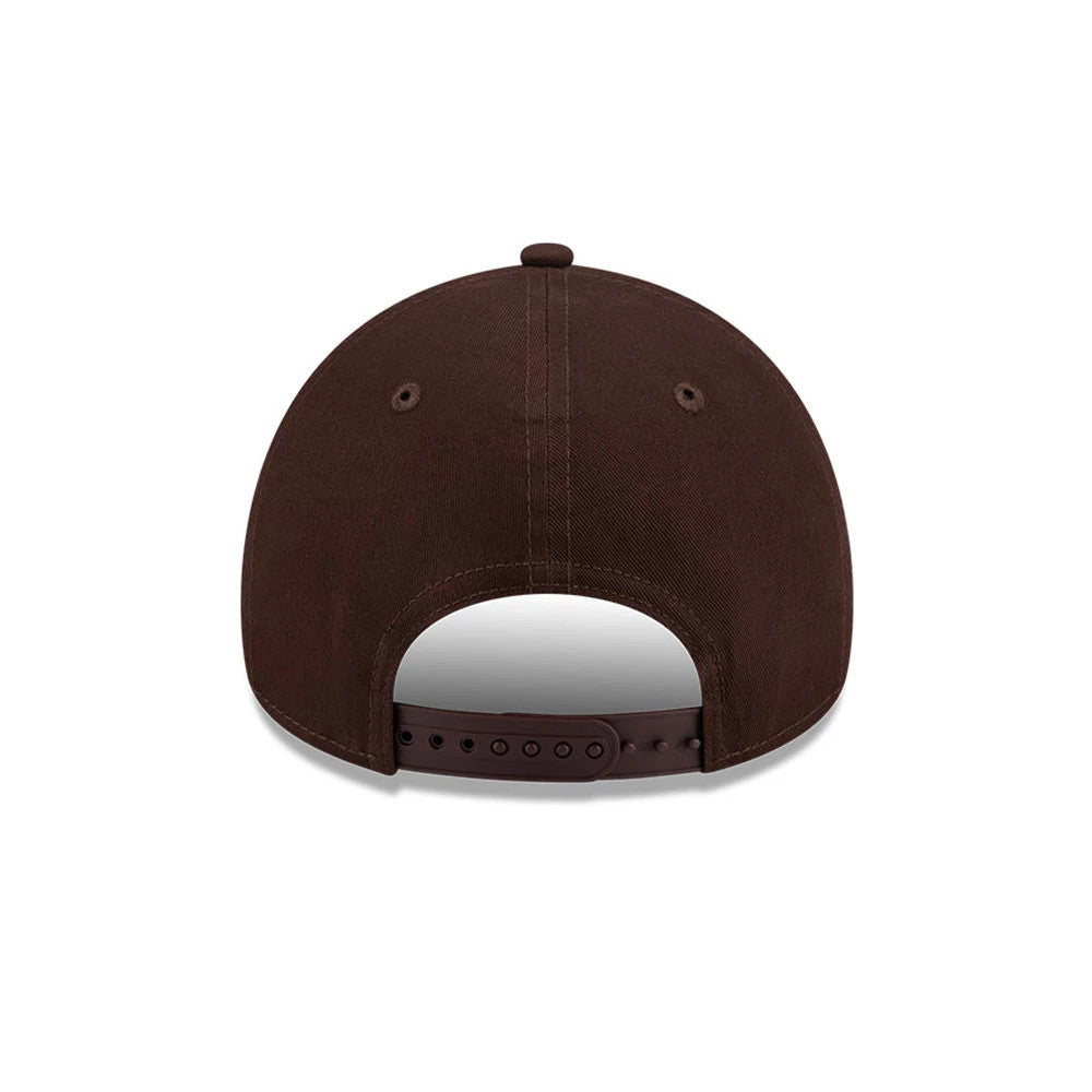 LA Rams NFL Choc Cherry Dark Brown New Era 9FORTY A-Frame Adjustable Cap, rear view showing the dark brown adjustable strap with multiple holes, a structured dark brown crown with two matching embroidered eyelets, and a top button.