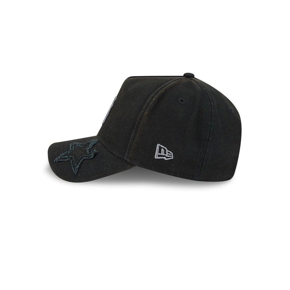 New York Yankees MLB Star Visor Black New Era 9FORTY A-Frame Adjustable Cap, side view showing the New Era flag logo in white embroidery on the left side, black structured crown, and large star embroidery on the visor.